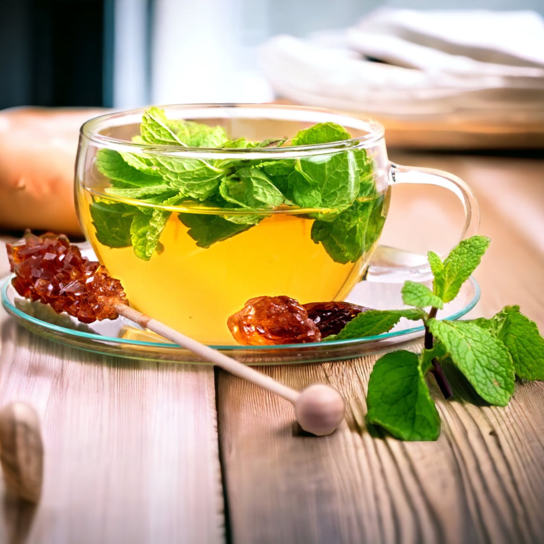 A clear glass cup of herbal tea with fresh mint leaves on top, accompanied by a spoonful of crystallized sugar on a side plate with additional mint leaves, all set on a rustic wooden table.