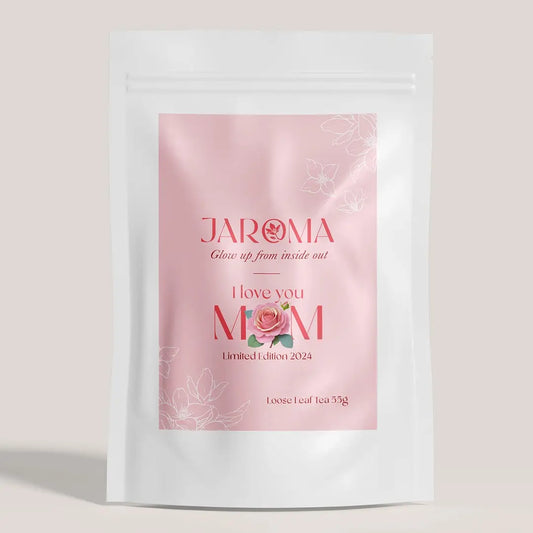Jaroma I love you Mom Apple Delight Tea blend in branded Jaroma Tea package with light pink and white colours, front of the packaging.
