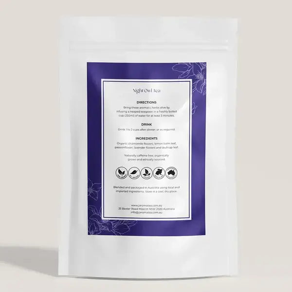 Back packaging of Jaroma Night Owl Tea, an organic herbal tea blend featuring ingredients like passionflower, lavender flowers, and skullcap leaf, with directions for brewing and ingredient details. Ideal for promoting relaxation and a restful night’s sleep.