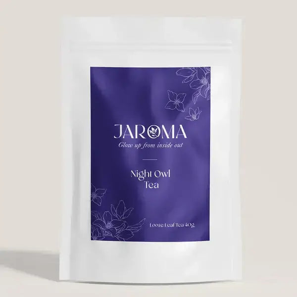 Packaging of Jaroma Night Owl Tea, an organic herbal blend designed to promote deep sleep and relaxation, featuring calming herbs like passionflower, valerian root, and lavender for a soothing nighttime ritual.