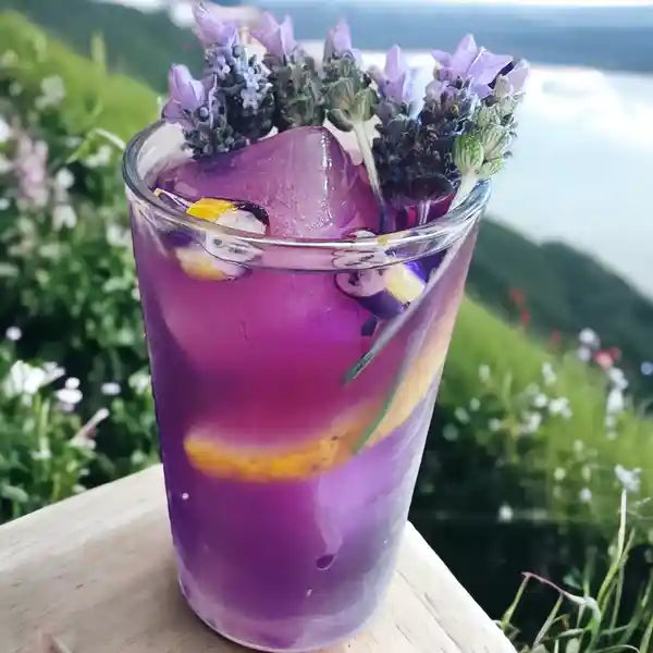 A beautiful blue butterfly pea flower ice tea.