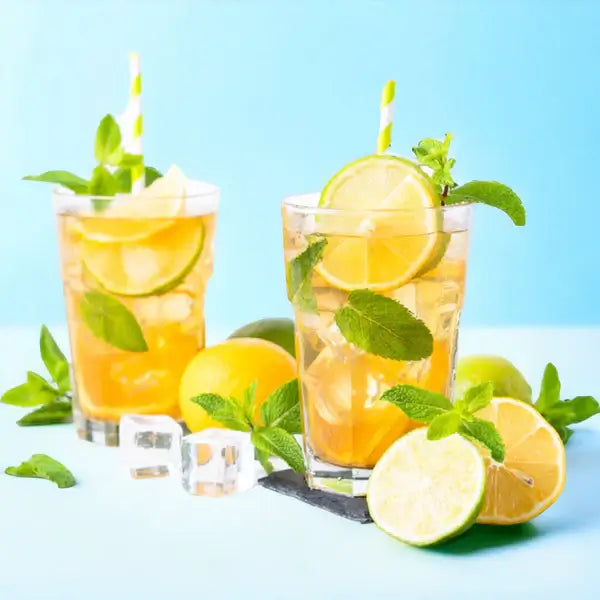 vivid yellow  peppermint iced tea with cubes of ice and fresh mint leaves.